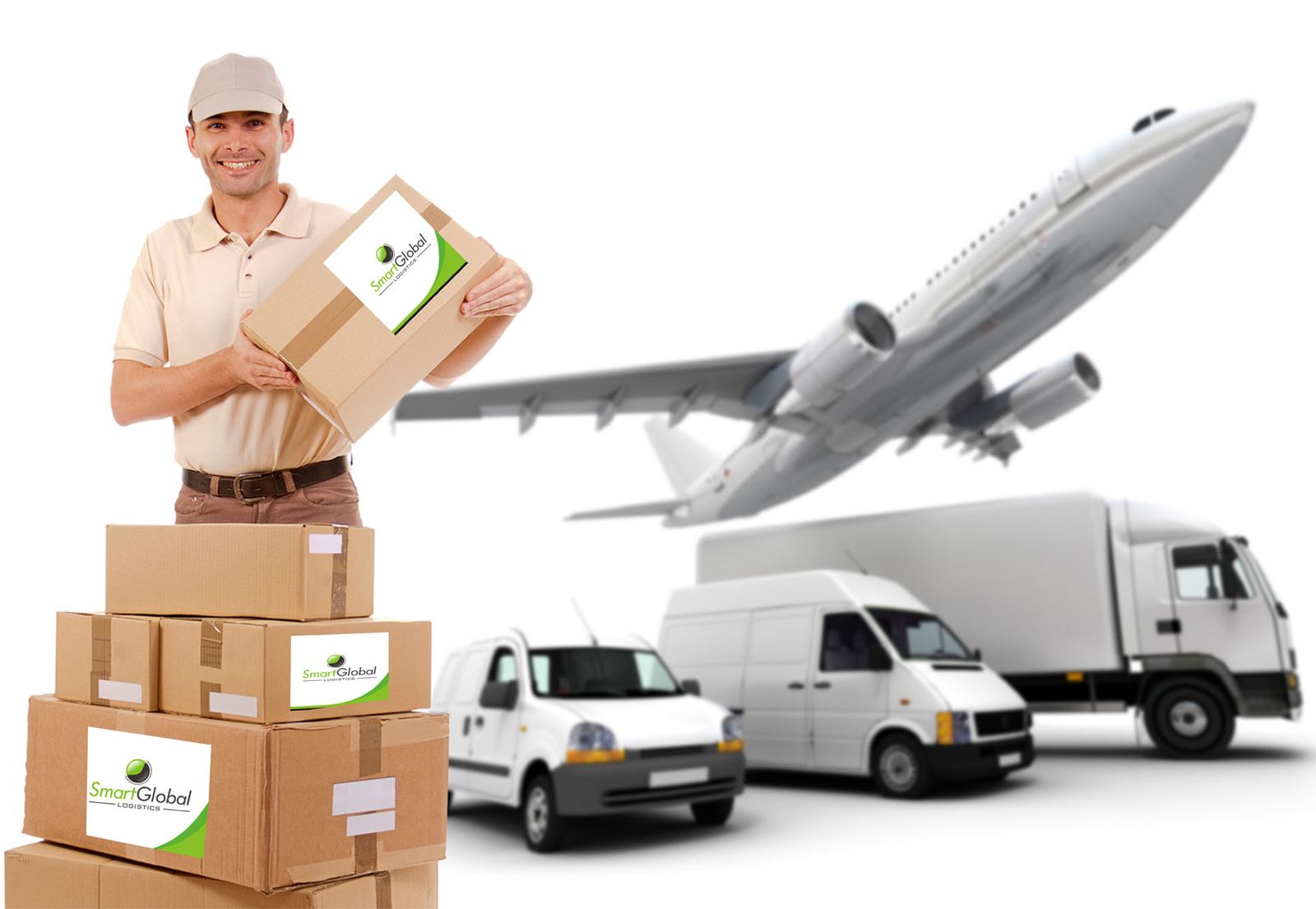 Courier with Smart Global parcels, vans and a cargo plane